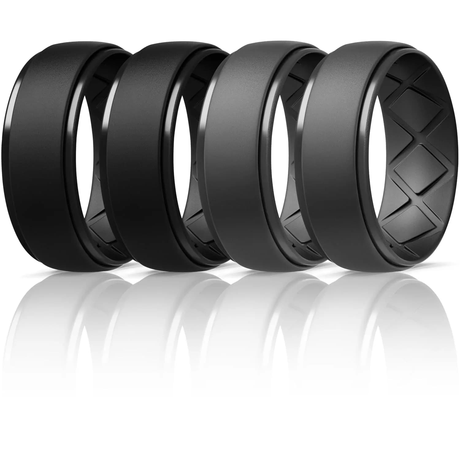 Egnaro Men's Silicone Wedding Ring Set Size 6 (10mm Wide) | Breathable Inner Arcs for Active Lifestyles — SETH1-Black,Black,Black Gray,Black Gray