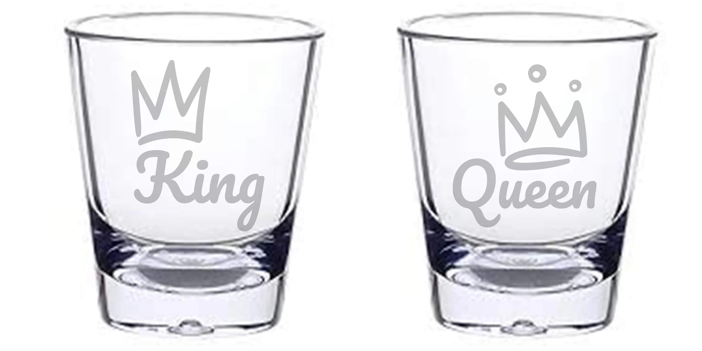 alankathy mug King Queen Shot Glass Set 1.5 oz | Wedding & Anniversary Gift (110 characters) — Clear
