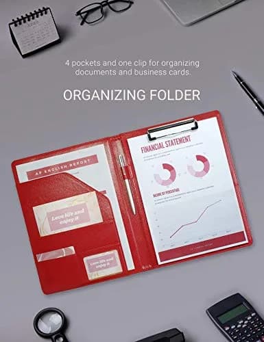 Mymazn Padfolio Clipboard Folder Portfolio with Cover for Legal Pad Holder Letter Size A4 Writing Pad (Red) thumbnail 3