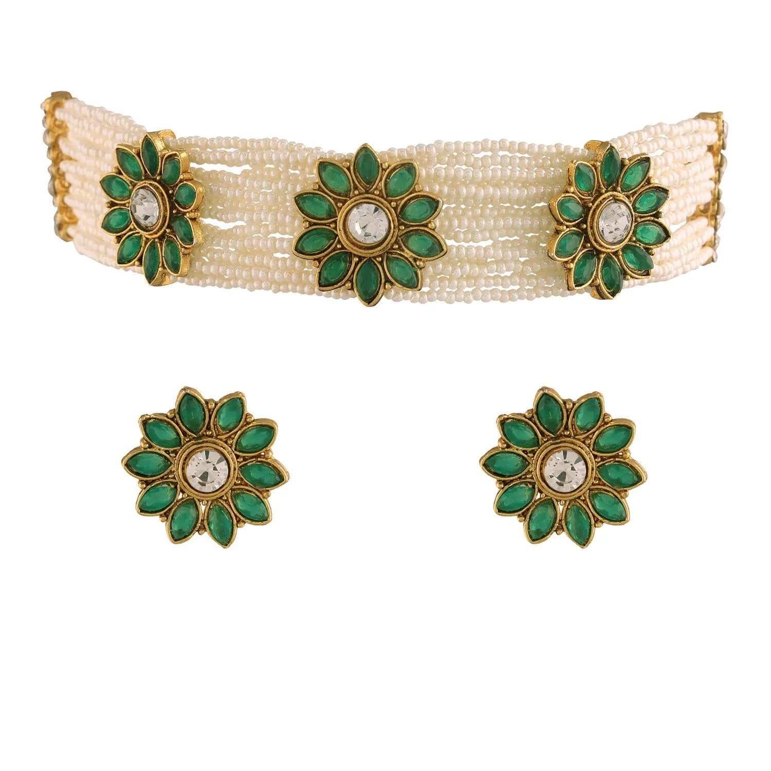 I Jewels Gold Plated Handcrafted Ethnic Choker Necklace with Earrings Set 22.5 cm (0.89 in) | Kundan Work & Adjustable Length - main product image