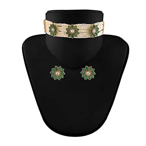 I Jewels Gold Plated Handcrafted Ethnic Choker Necklace with Earrings Set 22.5 cm (0.89 in) | Kundan Work & Adjustable Length thumbnail 4