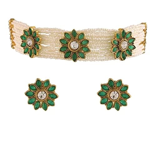 I Jewels Gold Plated Handcrafted Ethnic Choker Necklace with Earrings Set 22.5 cm (0.89 in) | Kundan Work & Adjustable Length thumbnail 1