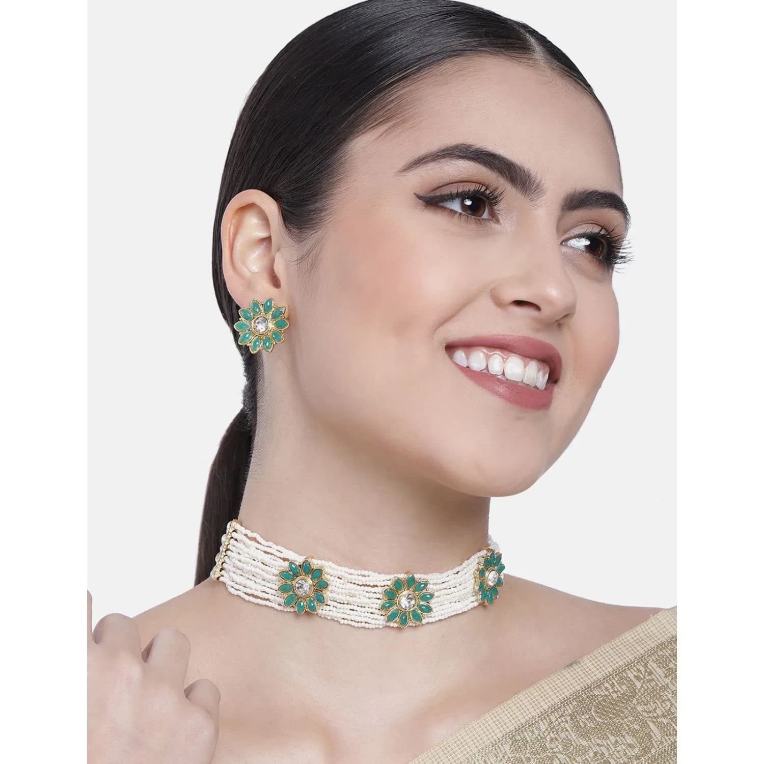 I Jewels Gold Plated Handcrafted Ethnic Choker Necklace with Earrings Set 22.5 cm (0.89 in) | Kundan Work & Adjustable Length - view 2