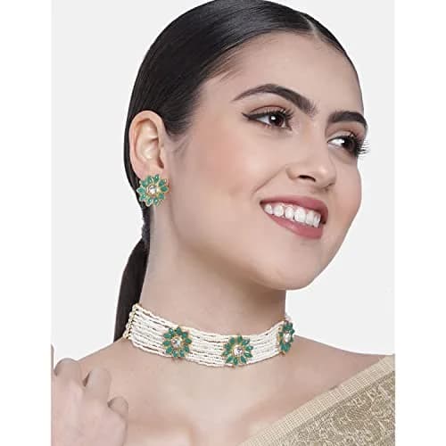 I Jewels Gold Plated Handcrafted Ethnic Choker Necklace with Earrings Set 22.5 cm (0.89 in) | Kundan Work & Adjustable Length thumbnail 2