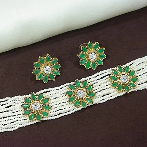 I Jewels Gold Plated Handcrafted Ethnic Choker Necklace with Earrings Set 22.5 cm (0.89 in) | Kundan Work & Adjustable Length thumbnail 3