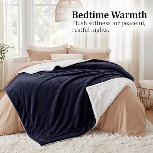 IR Imperial Rooms Twin Sherpa Blanket 60x80" Navy | Reversible Cozy Warmth for Year-Round Use thumbnail 3
