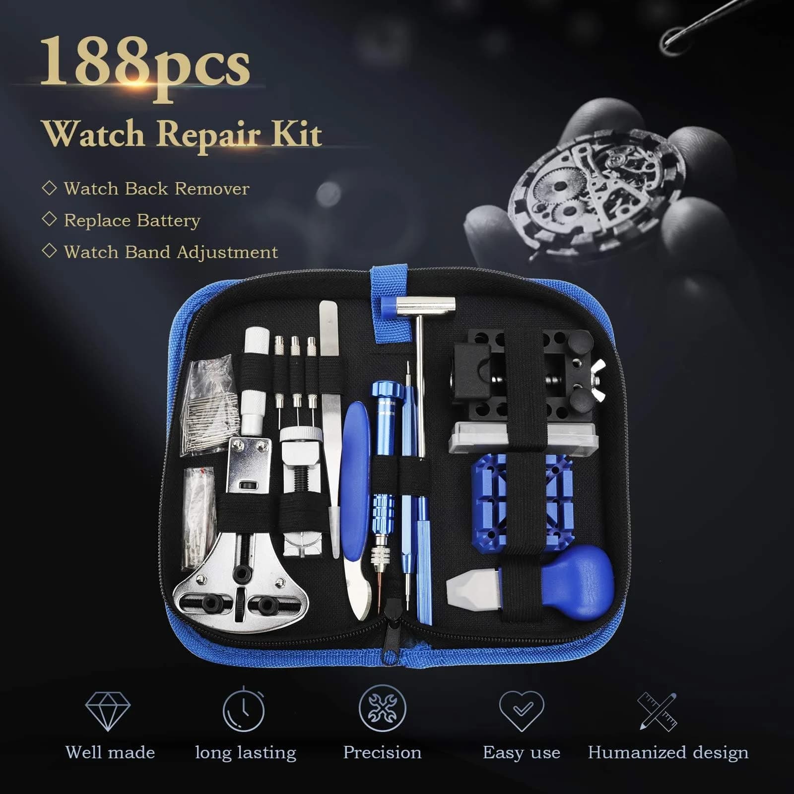 OneBom Watch Repair Kit Tool Set 188pcs | Professional Watch Band Link Opener Case Back Remover - view 3