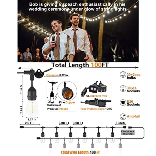 Meidaoduo Outdoor String Lights LED 100FT with 32 Dimmable Shatterproof Bulbs | Heavy-Duty Waterproof Patio Lights thumbnail 2