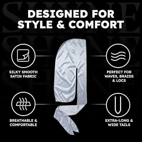 ShyneDurags Silky Durag - Silver | Perfect for Waves, Braids & Locs | Premium Silk Du Rags for Men & Women | Wide & Long Tail | Ultra-Soft & Wrinkle Free Satin thumbnail 4