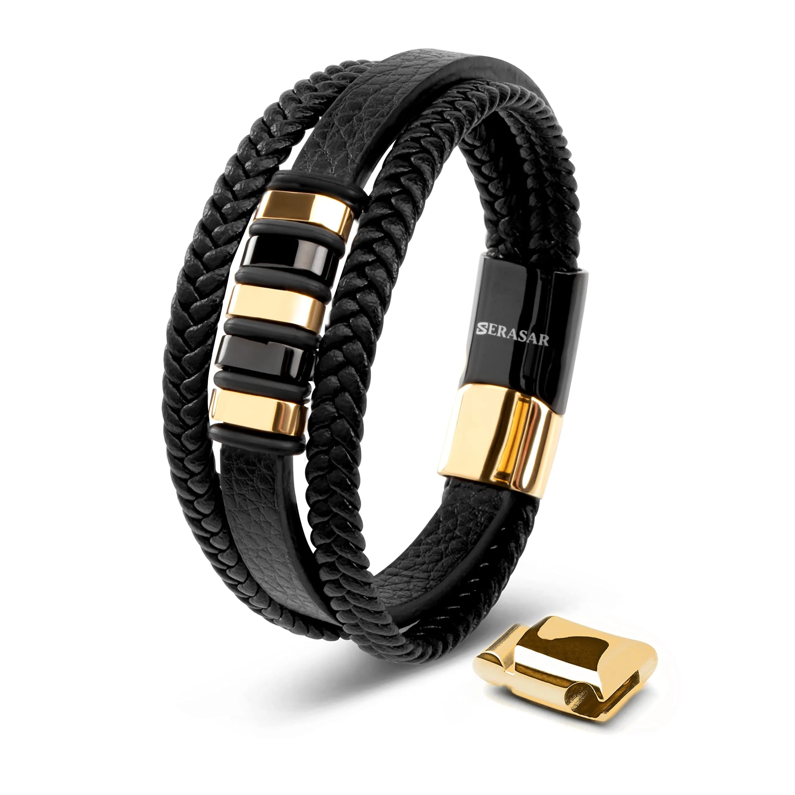 SERASAR Black Leather Men Bracelet with Gold Steel Accents & Magnetic Clasp, 17cm (6.75") | Braided Wrap Style — Gold/Black