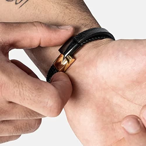SERASAR Black Leather Men Bracelet with Gold Steel Accents & Magnetic Clasp, 17cm (6.75") | Braided Wrap Style thumbnail 4