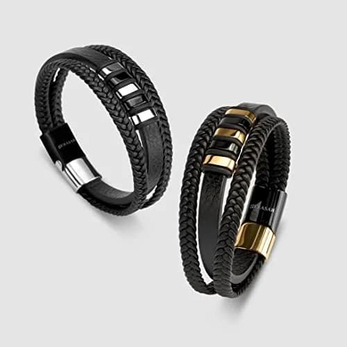 SERASAR Black Leather Men Bracelet with Gold Steel Accents & Magnetic Clasp, 17cm (6.75") | Braided Wrap Style thumbnail 7