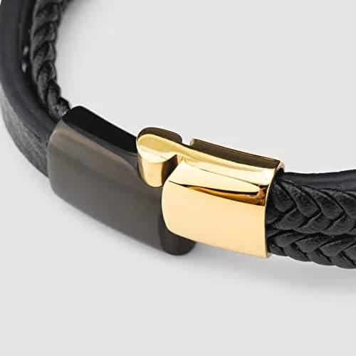 SERASAR Black Leather Men Bracelet with Gold Steel Accents & Magnetic Clasp, 17cm (6.75") | Braided Wrap Style thumbnail 9