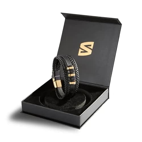 SERASAR Black Leather Men Bracelet with Gold Steel Accents & Magnetic Clasp, 17cm (6.75") | Braided Wrap Style thumbnail 2