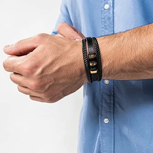 SERASAR Black Leather Men Bracelet with Gold Steel Accents & Magnetic Clasp, 17cm (6.75") | Braided Wrap Style thumbnail 3
