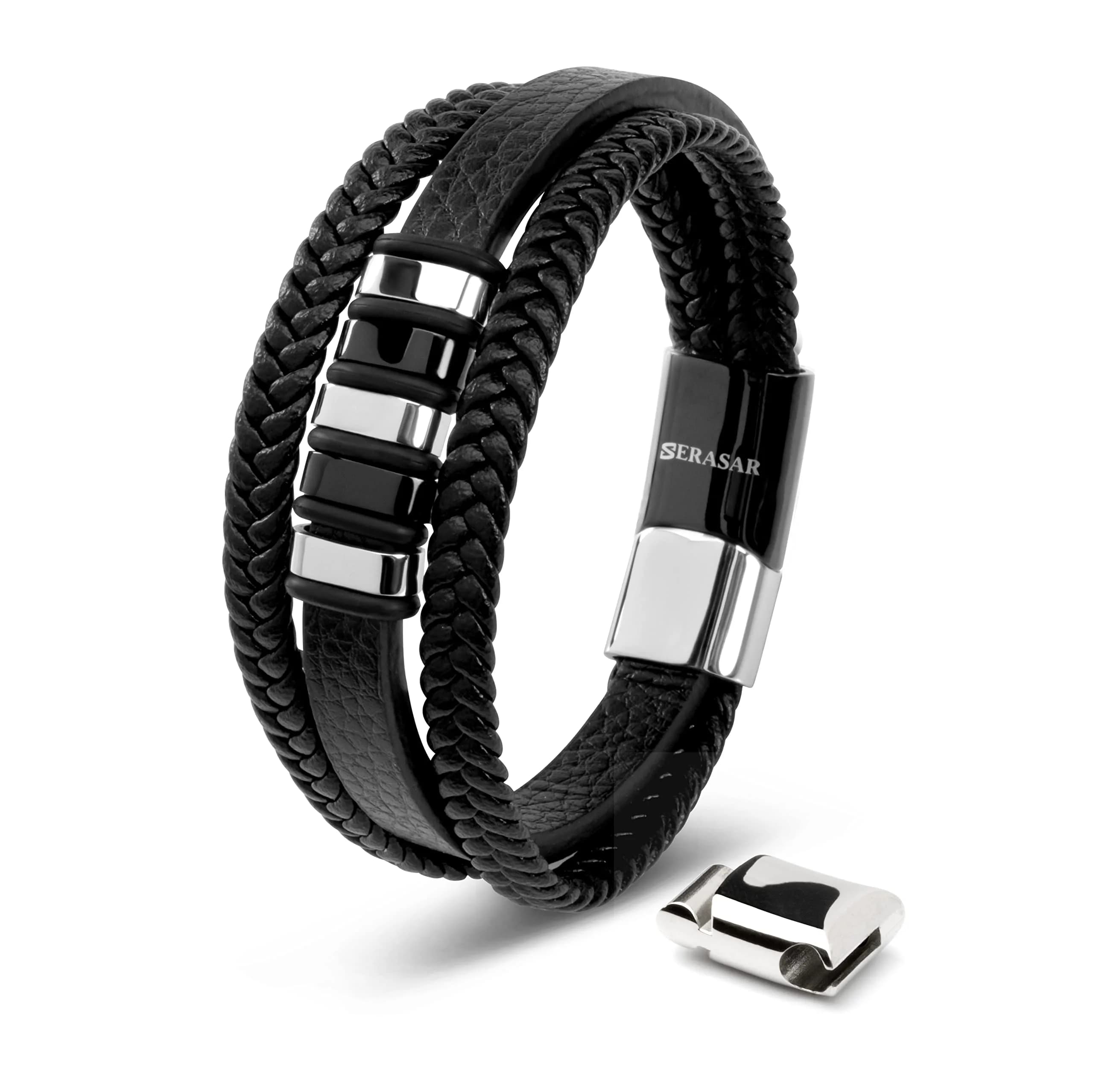 SERASAR Leather Men Bracelet Black Stainless Steel 9 inch | Magnetic Clasp, Braided Leather, Gift Box — Silver/Black