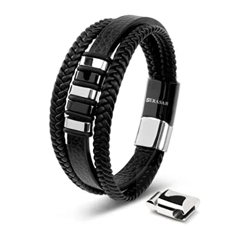 SERASAR Leather Men Bracelet Black Stainless Steel 9 inch | Magnetic Clasp, Braided Leather, Gift Box thumbnail 1