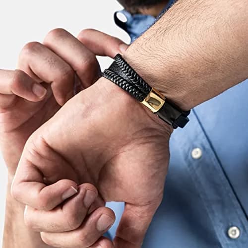 SERASAR Leather Men Bracelet Black Stainless Steel 23cm | Elegant, Durable & Gift-Ready thumbnail 5