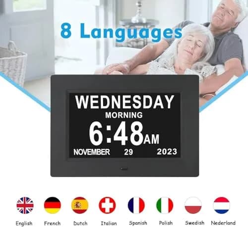ybest 7.1 Inch Digital Day Calendar Clock with 12 Alarms | Auto-Dimming, 8 Languages, Photo Frame Function thumbnail 4