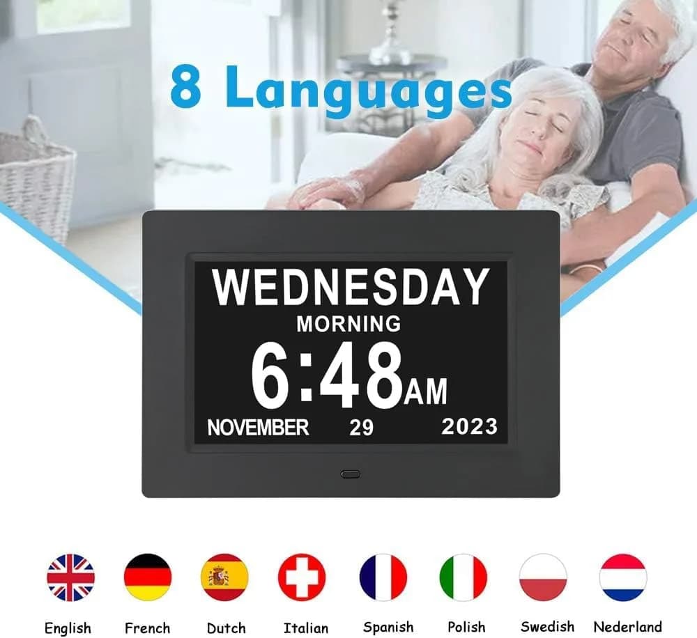 ybest 7.1 Inch Digital Day Calendar Clock with 12 Alarms | Auto-Dimming, 8 Languages, Photo Frame Function - view 4