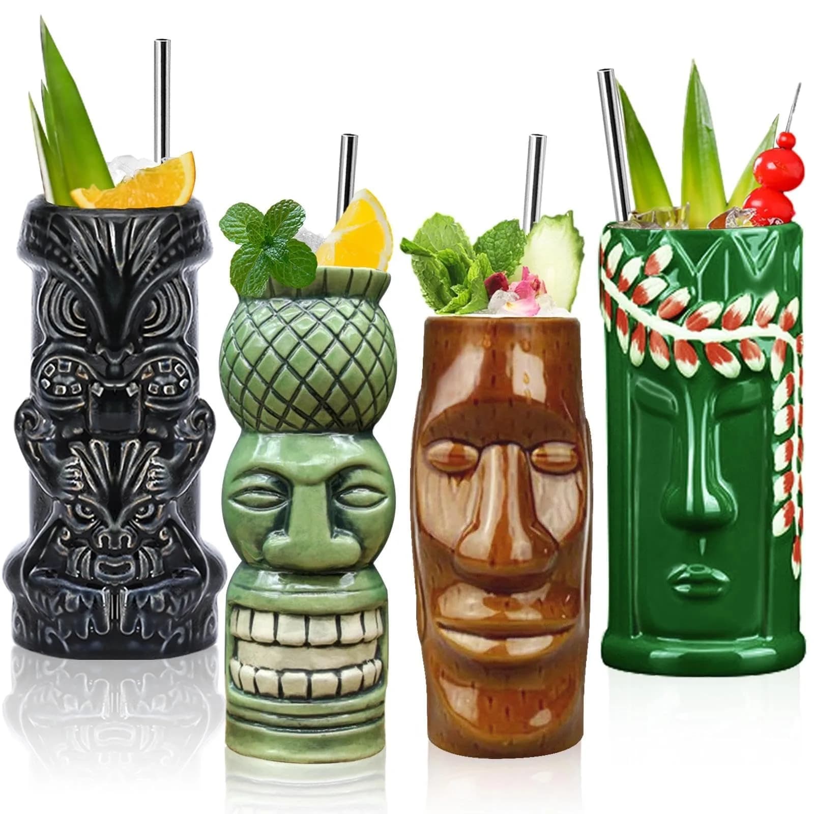 LINALL Tiki Mugs Cocktail Set of 4 | Large Ceramic Hawaiian Party Drinkware (4 pack)
