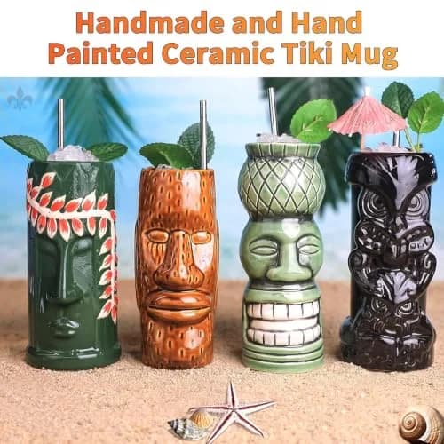 LINALL Tiki Mugs Cocktail Set of 4 | Large Ceramic Hawaiian Party Drinkware (4 pack) thumbnail 5