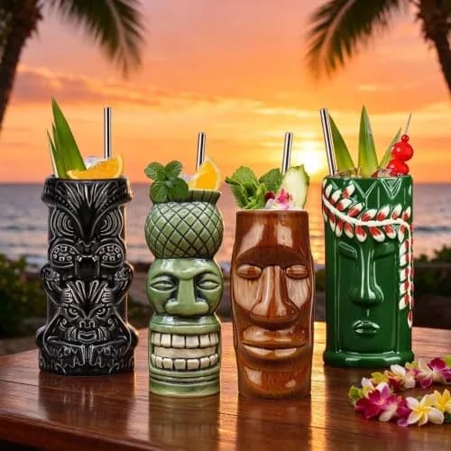 LINALL Tiki Mugs Cocktail Set of 4 | Large Ceramic Hawaiian Party Drinkware (4 pack) thumbnail 7