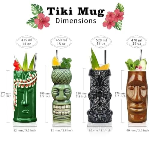 LINALL Tiki Mugs Cocktail Set of 4 | Large Ceramic Hawaiian Party Drinkware (4 pack) thumbnail 2