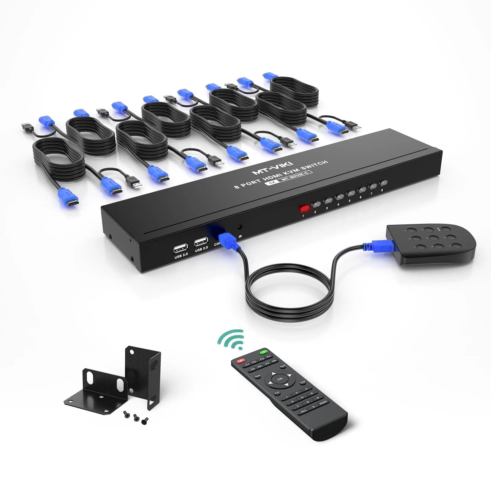 MT-VIKI 8 Port KVM Switch HDMI 4K@30Hz | Rack Mount, IR Remote, Desktop Controller, 8 Cables Included - main product image