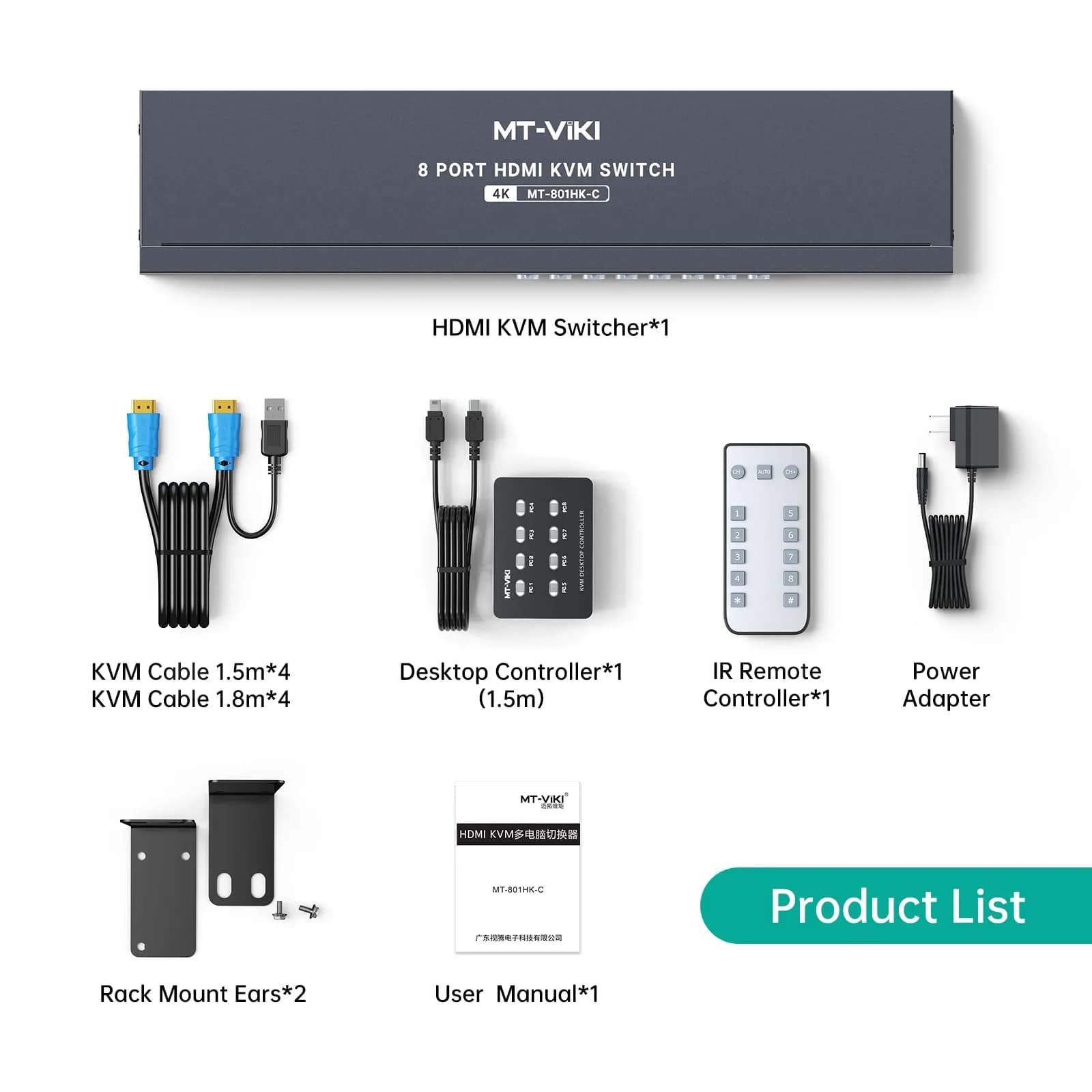 MT-VIKI 8 Port KVM Switch HDMI 4K@30Hz | Rack Mount, IR Remote, Desktop Controller, 8 Cables Included - view 2