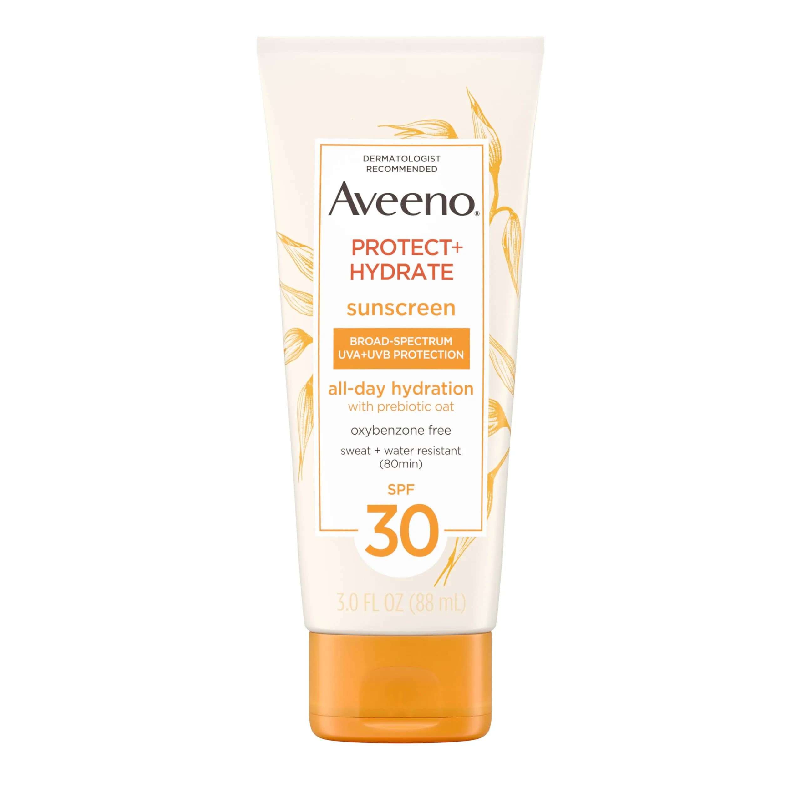 Aveeno Protect + Hydrate SPF 30 Sunscreen Lotion 89ml (3.0 Fl Oz) | Broad Spectrum Sun Protection for Full Body, Prebiotic Oat, Weightless, Sweat & Water-Resistant, Oxybenzone-Free - main product image