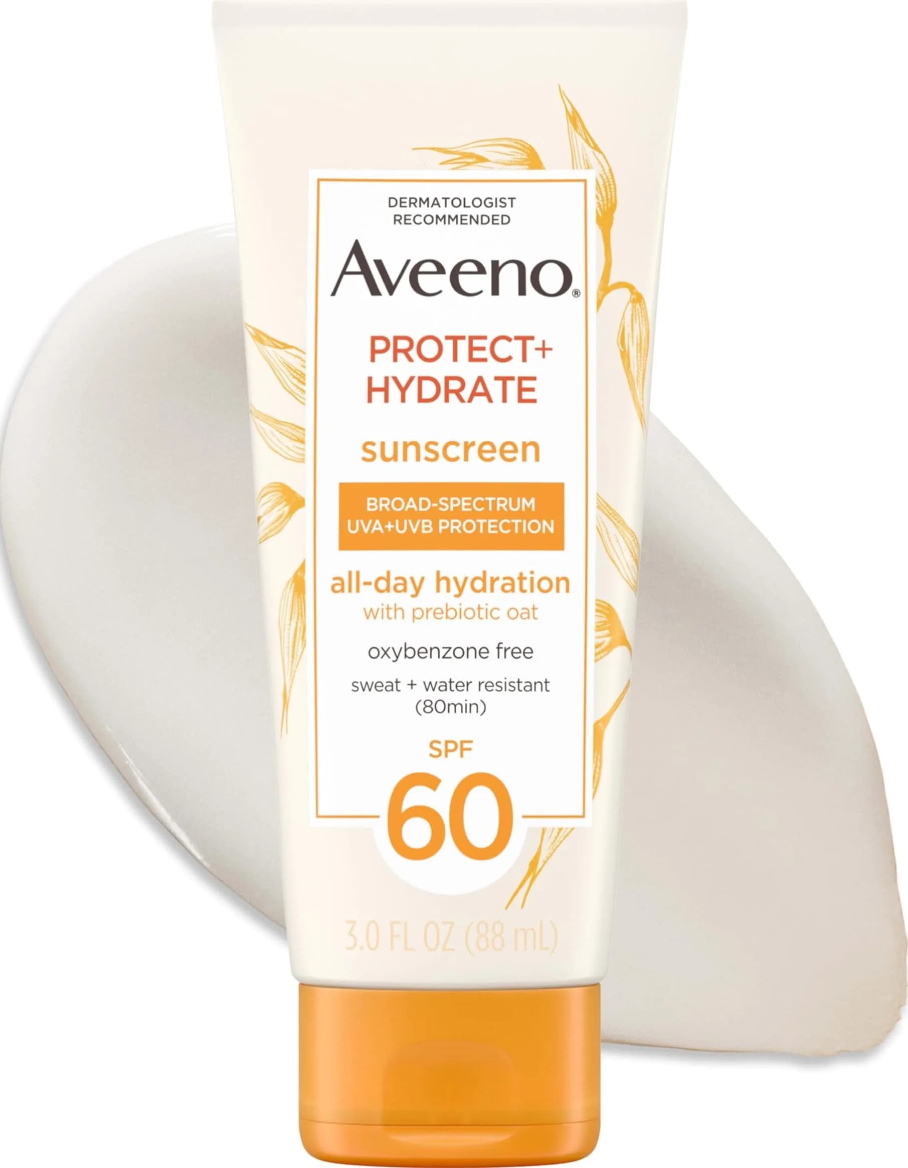Aveeno Protect + Hydrate SPF 30 Sunscreen Lotion 89ml (3.0 Fl Oz) | Broad Spectrum Sun Protection for Full Body, Prebiotic Oat, Weightless, Sweat & Water-Resistant, Oxybenzone-Free — SPF 60