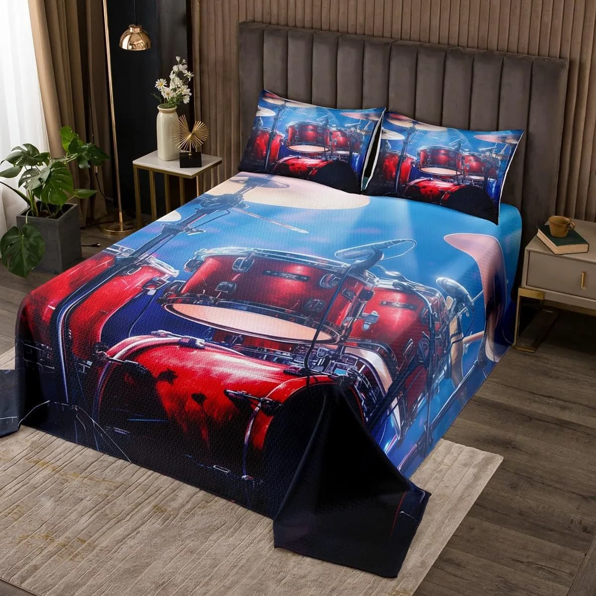 Manfei Rock Music Drum Kit Bedspread Queen Size 228.6cm x 228.6cm (90" x 90") | Oversized Quilted Coverlet Set with 2 Pillow Shams - main product image