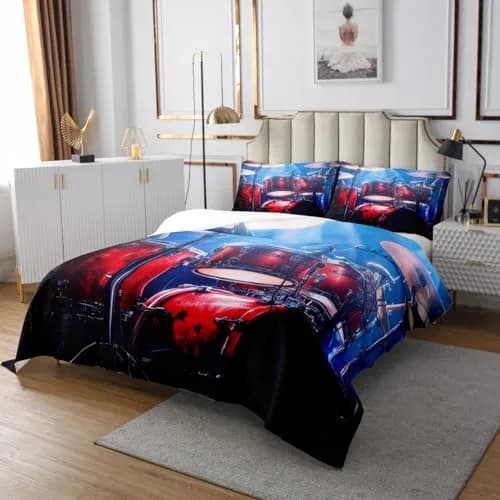 Manfei Rock Music Drum Kit Bedspread Queen Size 228.6cm x 228.6cm (90" x 90") | Oversized Quilted Coverlet Set with 2 Pillow Shams thumbnail 2