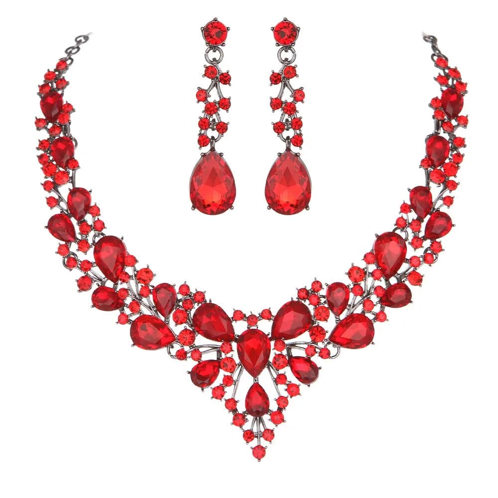 Molie Bridal Austrian Crystal Jewelry Set Adjustable | Elegant Wedding Gift (7.1 in x 2.2 in) — Red-Black tone