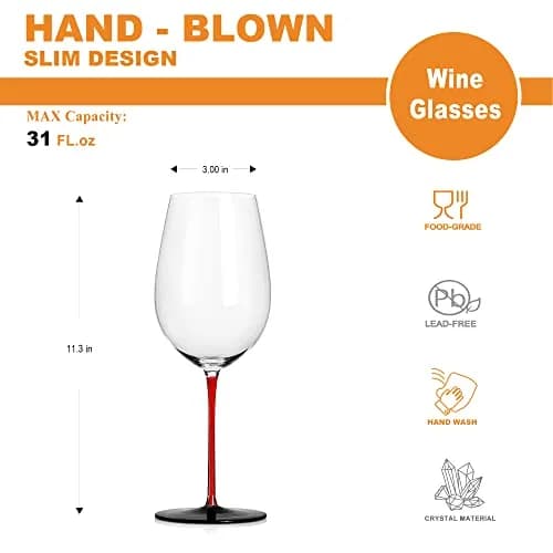 LUXU Crystal Wine Glasses with Red Stem & Black Base, 880ml (31 Fl Oz) | Hand Blown Artistry for Bordeaux & Cabernet Sauvignon thumbnail 7