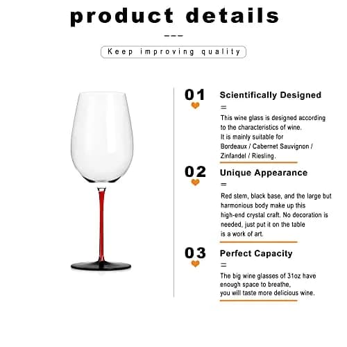 LUXU Crystal Wine Glasses with Red Stem & Black Base, 880ml (31 Fl Oz) | Hand Blown Artistry for Bordeaux & Cabernet Sauvignon thumbnail 8