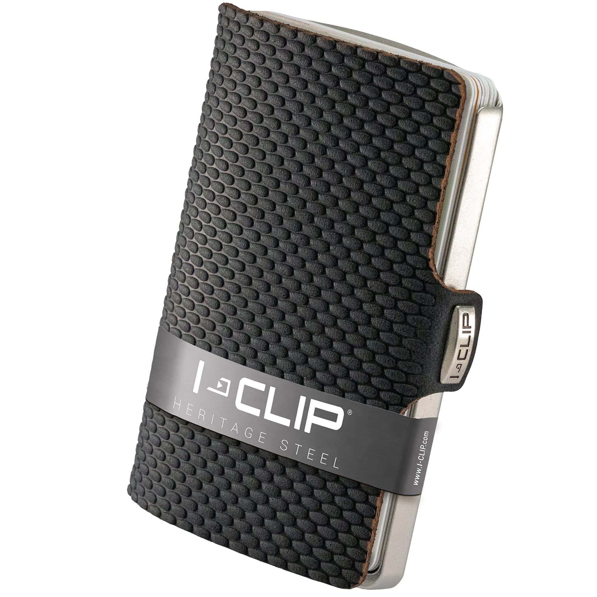 I-CLIP Stainless Steel Credit Card Case with Money Clip, Blasted Milanaise Black | Slim Leather Wallet for 10 Cards - main product image