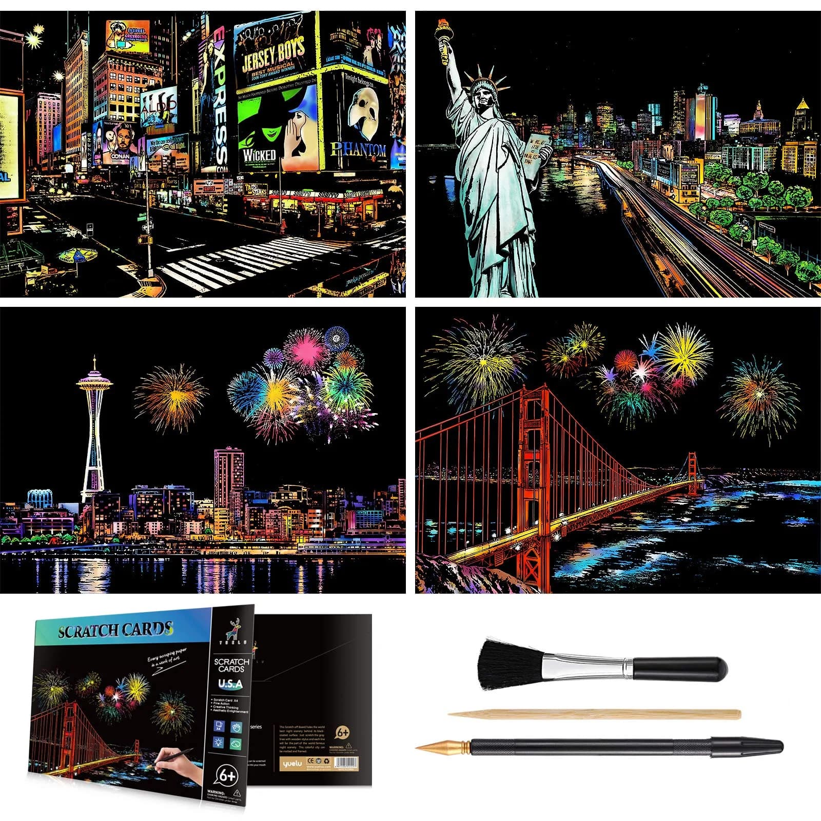 AP ARTSPER Rainbow Scratch Art Set for Adults & Teens, A4 City Views | 4-Sheet Art Kit with Stylus & Pen — Gray