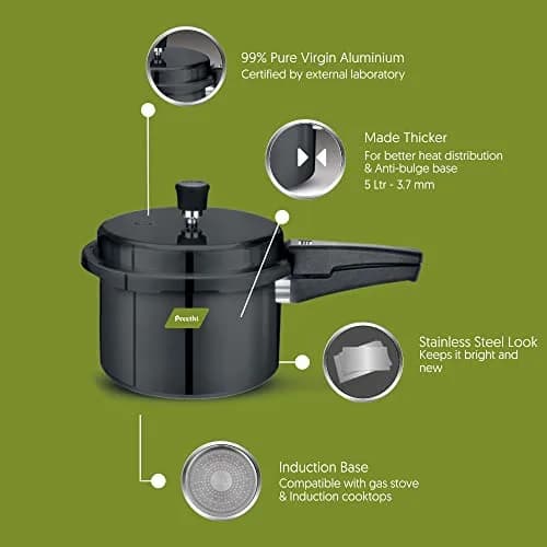 Preethi Pressure Cooker 5 Litres | Hard Anodized Induction Base, Outer Lid, Gas Compatible thumbnail 4