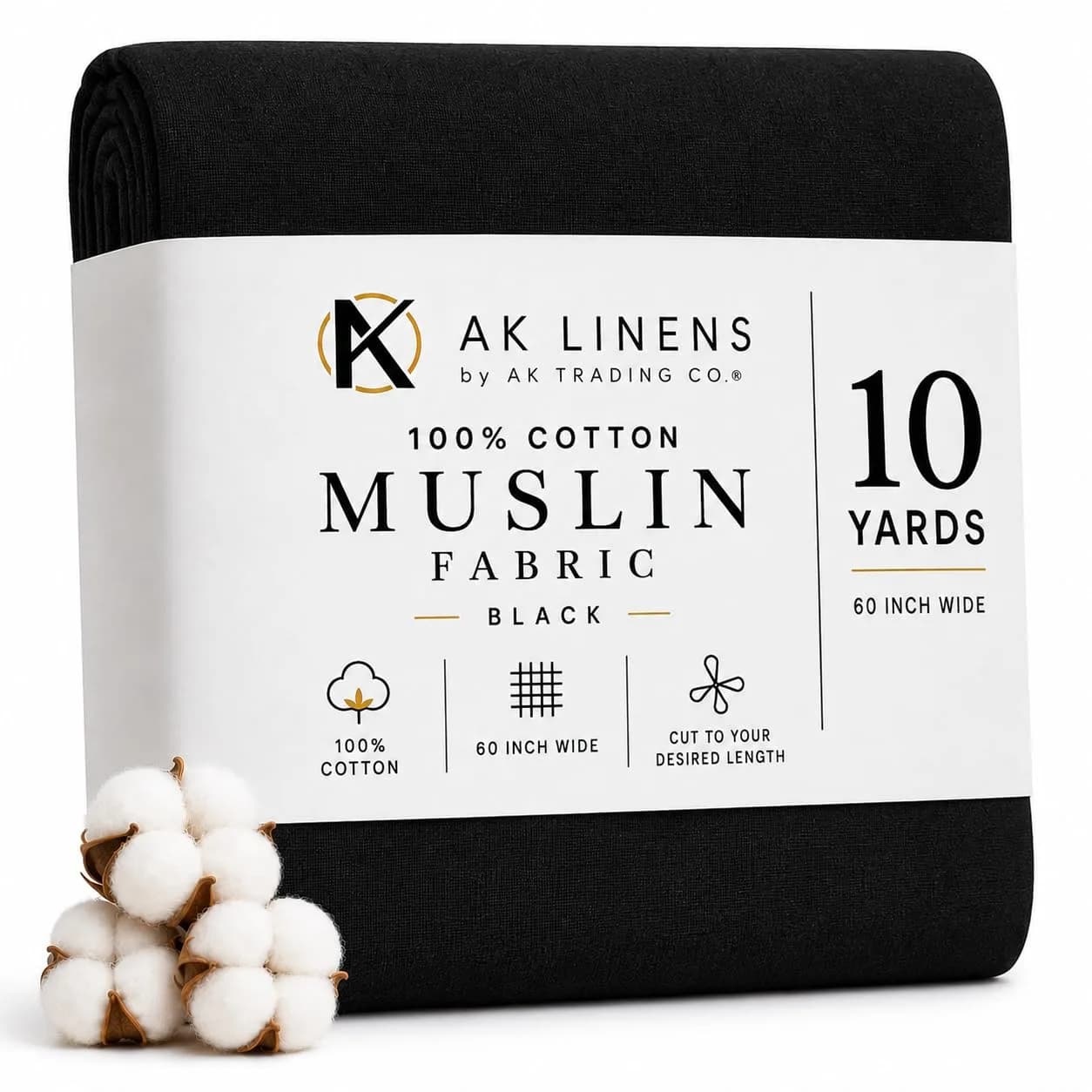 AK TRADING CO. Muslin Fabric - Black 10 Yards | Medium Weight 100% Cotton (60in Wide) — Black