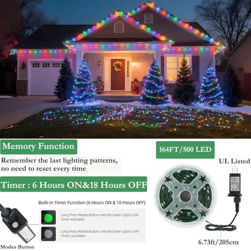Tcamp 164FT 500 LED Colored Christmas Lights with Timer & Memory Function | 50m Green Wire Fairy String Lights thumbnail 2