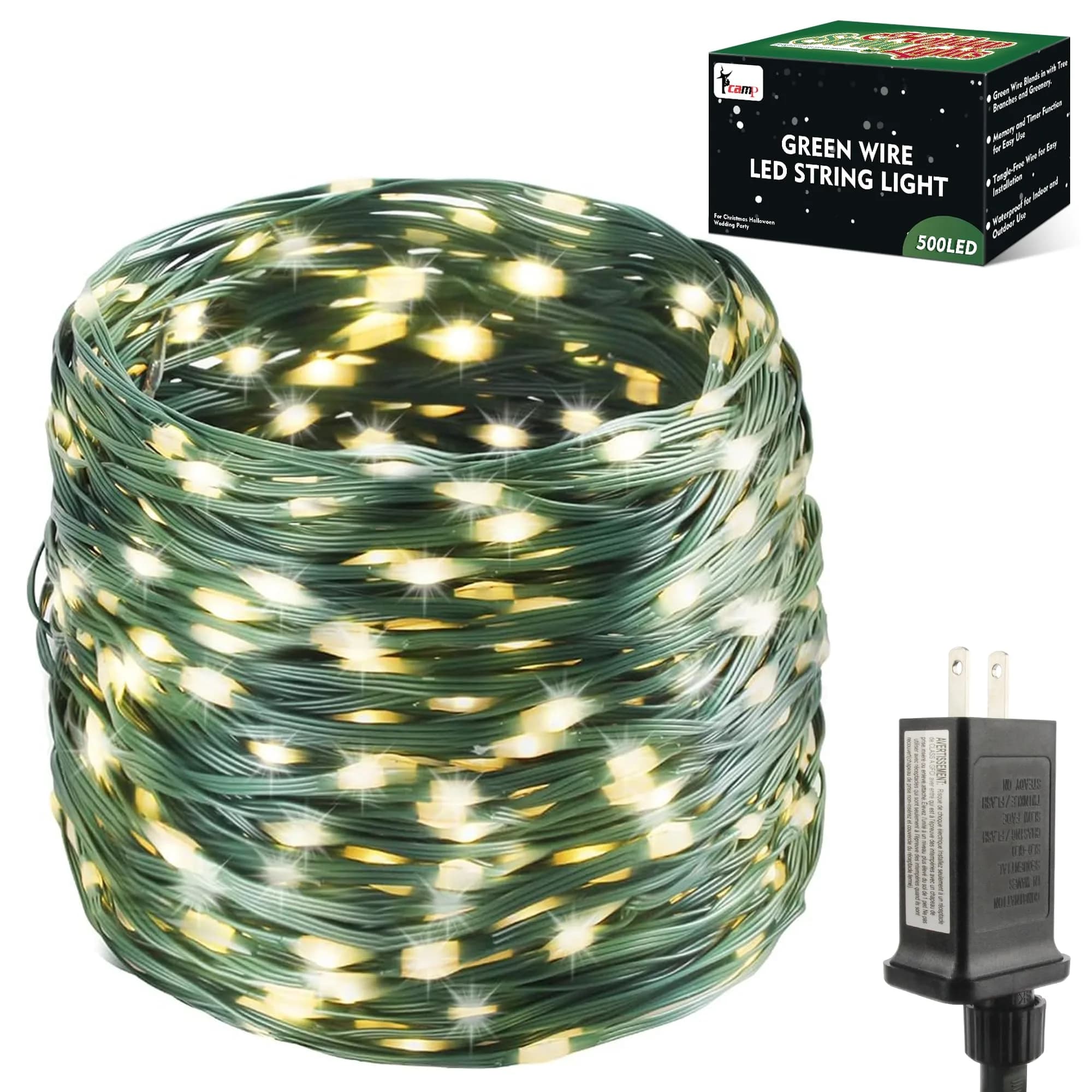 Tcamp 164ft 500 LED Warm White Christmas Tree Lights | 50m Green Wire Starry Fairy String Lights for Outdoor Indoor Decor — Warm White