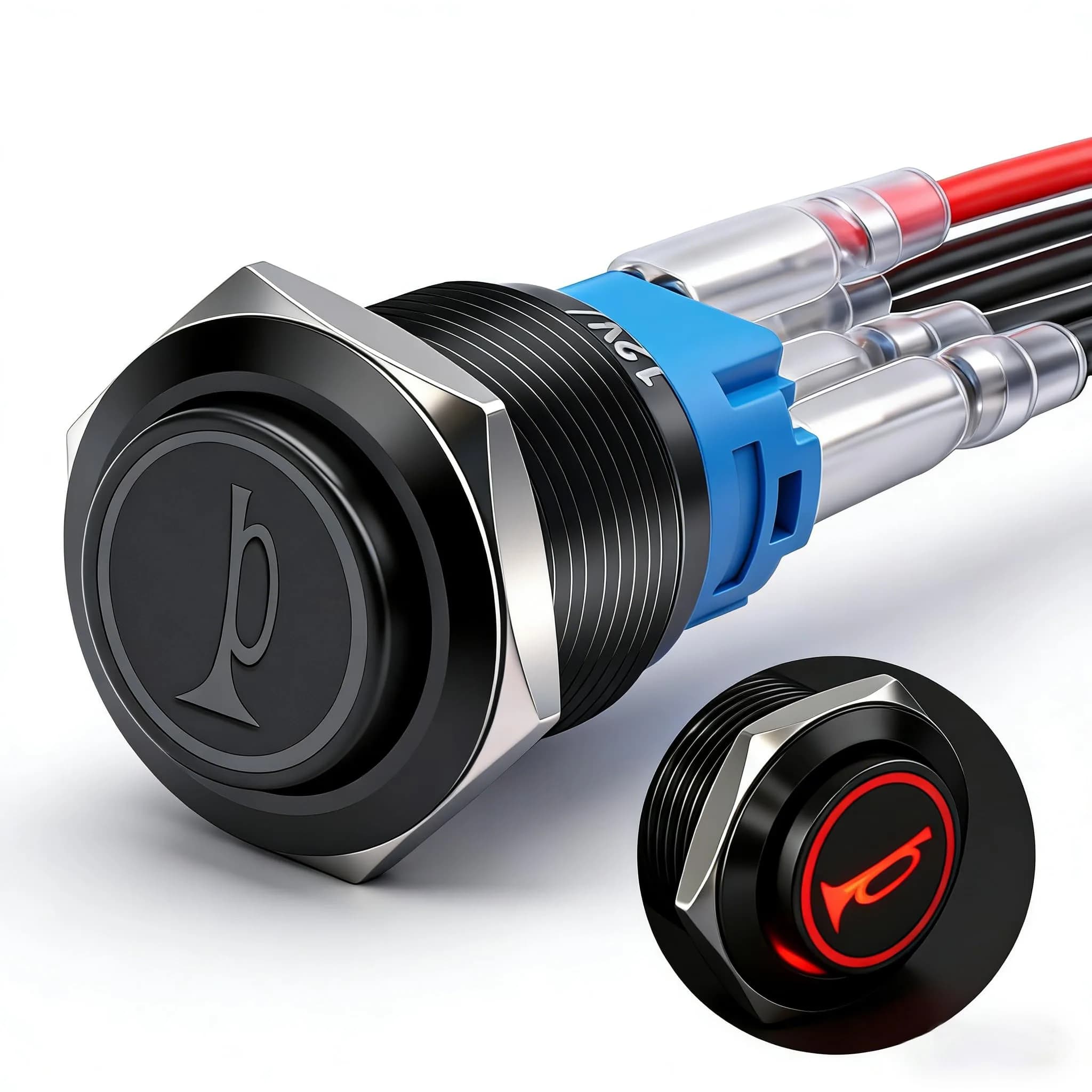 Twidec 19mm Momentary Push Button Switch with Green LED | 12V, 5A/250AC, 1NO 1NC SPDT, Stainless Steel Shell — BK-red / 19mm