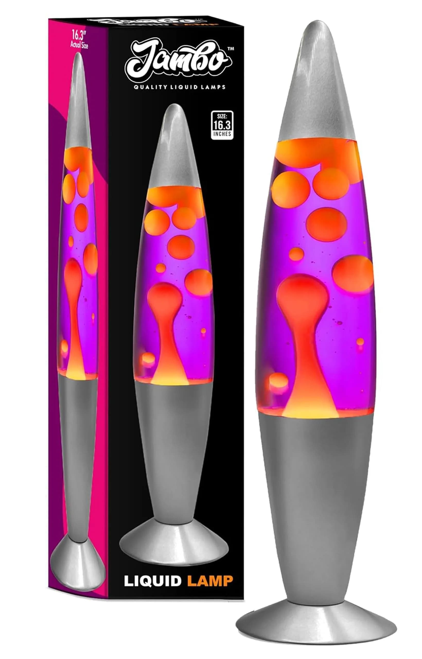 JAMBO 16 inch Liquid Motion Lamp Purple with Yellow Orange Wax | Relaxing Night Light for Adults Teens Kids — Silver Base, Purple Liquid, Yellow Wax