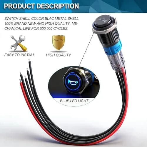 Twidec 16mm Momentary Push Button Horn Switch with Blue LED 12V | 5A/250AC 1NO1NC Panel Mount thumbnail 5