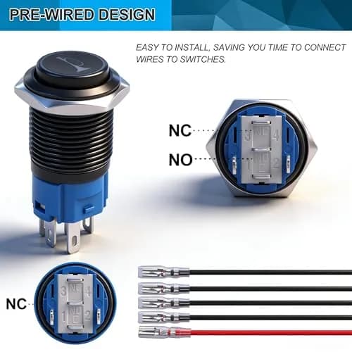 Twidec 16mm Momentary Push Button Horn Switch with Blue LED 12V | 5A/250AC 1NO1NC Panel Mount thumbnail 6