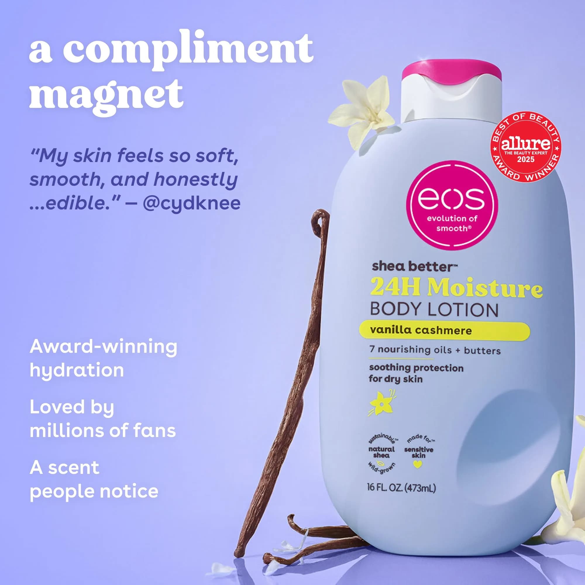 eos Shea Better Vanilla Cashmere Body Lotion for Sensitive Skin, 16 fl oz | 48-Hour Moisture - view 2