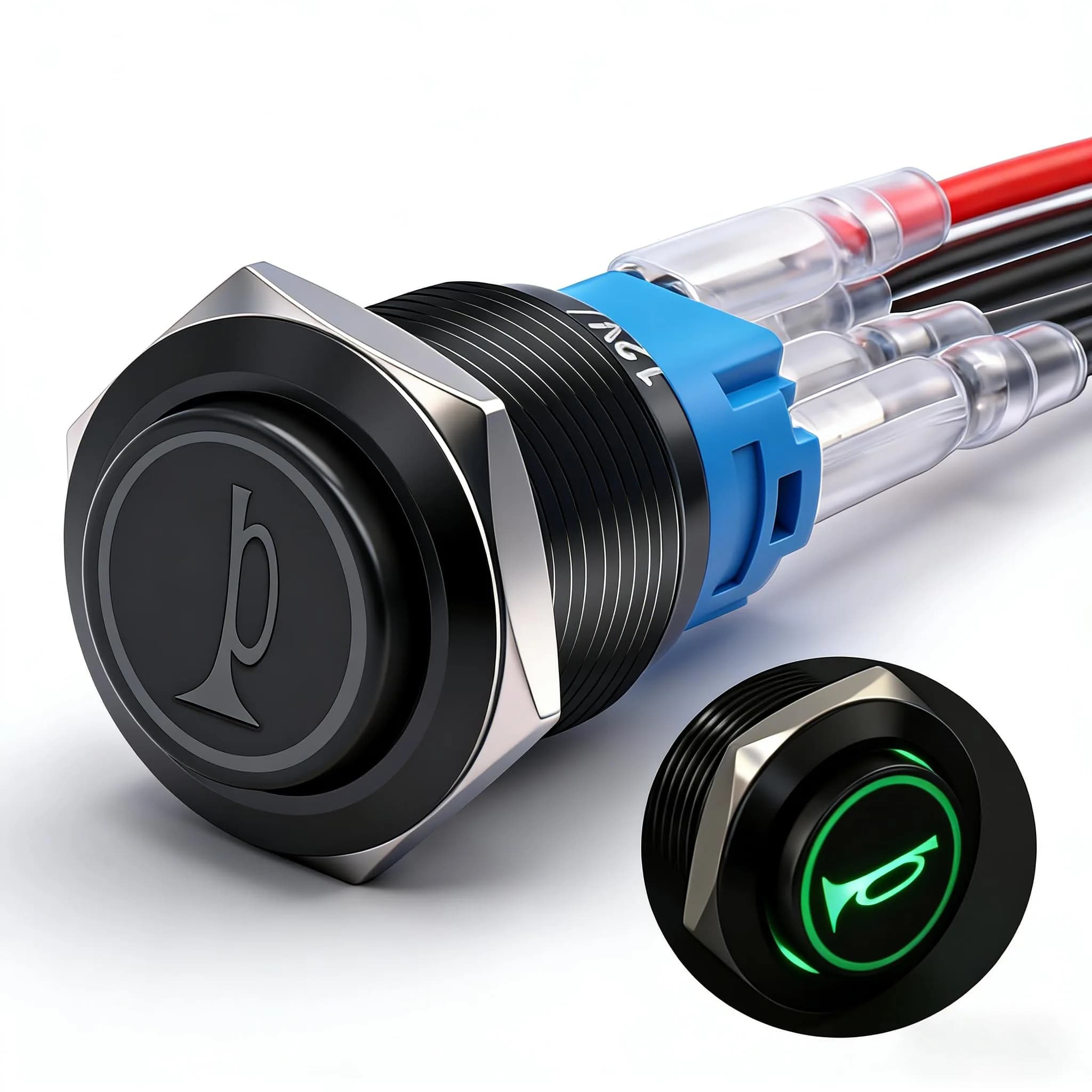 Twidec 19mm Momentary Push Button Switch with Green LED | 12V, 5A/250AC, 1NO 1NC SPDT, Stainless Steel Shell — BK-green