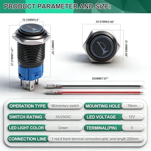 Twidec 19mm Momentary Push Button Switch with Green LED | 12V, 5A/250AC, 1NO 1NC SPDT, Stainless Steel Shell thumbnail 3